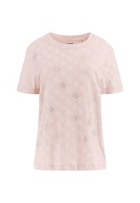 Pink short-sleeve t-shirt made of soft fabric. Features a light pattern of circular designs and small cut-out details throughout.