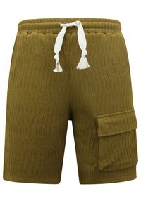 Olijfgroene shorts met een gestructureerd zigzagpatroon, elastische tailleband, witte trekkoord en een zijcargo zak voor opslag.