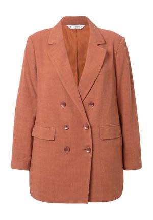 Blazer doppiopetto in caldo color terracotta, realizzato in tessuto testurizzato, con due tasche frontali e bottoni lucidi. Interno foderato.