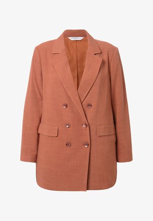 Blazer doppiopetto in caldo color terracotta, realizzato in tessuto testurizzato, con due tasche frontali e bottoni lucidi. Interno foderato.