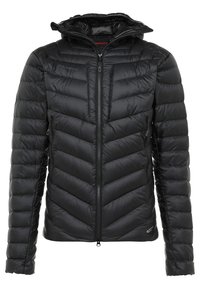 Černá zateplená bunda s prošívaným vzorem, celoplošným zipem a vysokým límcem. Materiál má hladký, lesklý povrch.