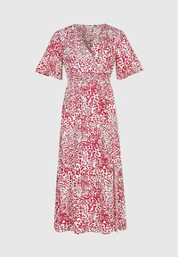 Robe midi rouge et blanche au design enroulé, avec des manches courtes volantées et une taille froncée. Présente un motif de points dispersés. Tissu léger.