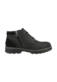 Botas de cuero negro hasta el tobillo con acentos de ante, puntera redonda, cordones en la parte delantera y cremallera lateral. Parte superior texturizada con costuras en contraste y suela resistente.