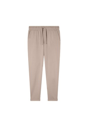 Jasno beżowe joggersy wykonane z miękkiej tkaniny, posiadające elastyczny pas z regulowanym sznurkiem, dwie boczne kieszenie oraz ściągacze na kostkach.