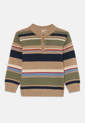 Knit sweater with a quarter zip, featuring horizontal stripes in beige, green, navy, and red. Textured fabric with ribbed cuffs and hem.