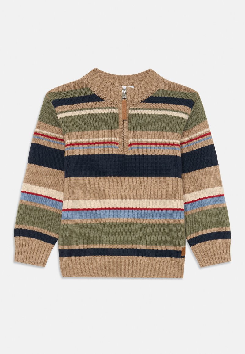 Strikkegenser med kvart glidelås, preget av horisontale striper i beige, grønn, marineblå og rød. Teksturert stoff med ribbestrikkede ermer og nederkant.