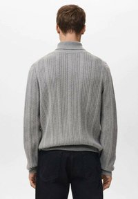 Grijze geribbelde trui met een hoge kraag en een gestructureerde afwerking. Het ontwerp heeft brede verticale strepen en aansluitende manchetten.