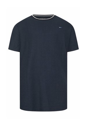 Marineblauw T-shirt met korte mouwen en ronde hals, van subtiel gestructureerde stof met een dunne witte streep op de kraag.