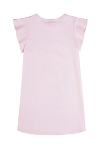 Abito corto in cotone rosa con maniche ad aletta, scollatura rotonda e texture liscia; presenta un orlo dritto, ideale per un look casual.