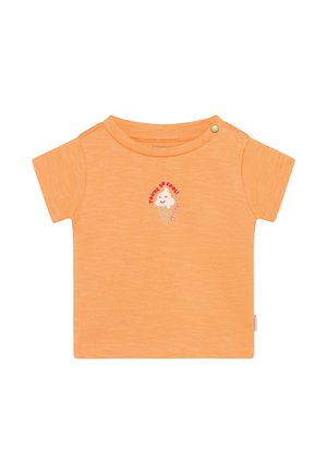 Oranje T-shirt met korte mouwen van zachte stof, met een afbeelding van een ijsje en de tekst "JE BENT ZO KOEL!" en een drukknoop aan de schouder.
