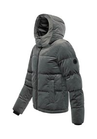 Grijze pufferjack met een capuchon, met een doorgestikte textuur, twee zijzakken, zwarte accenten en ribbelmanchetten. Zachte stof met een matte afwerking.