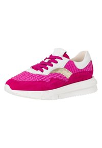 Rosa och vit sneaker med en texturerad ovandel, mockadetaljer och en vit gummisula. Har snörning och detaljer i guld.