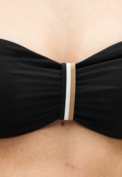 Gros plan d'un haut de bikini noir bandeau avec un liseré central présentant des rayures verticales noires, blanches et beiges sur peau nue.