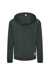 Felpa verde scuro con cappuccio arrotondato, polsini a costine e vita; presenta un piccolo logo di colore chiaro in basso a destra.