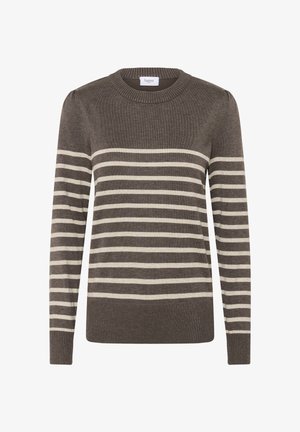 Brauner, langärmeliger Strickpullover mit beigen horizontalen Streifen über dem Körper und den Ärmeln, gerippte Bündchen, Saum und Rundhalsausschnitt.