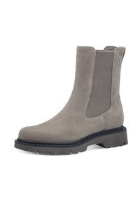 Bottines en daim gris avec panneaux latéraux élastiques, une semelle en caoutchouc noir robuste et un petit talon carré. Fini lisse et design sans couture.