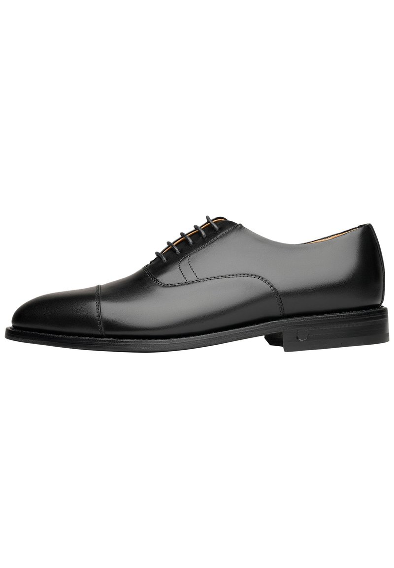 Schwarze Leder-Dressschuhe mit runder Zehenpartie, glatter Oberfläche, dezenten Stickdetails und sechs Ösen-Schnürverschluss. Niedriges Absatzdesign.