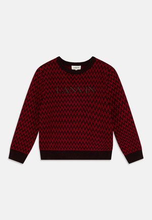 Red and black zigzag patterned knitted sweater with long sleeves, a round neck, and a ribbed hem and cuffs. Features an embossed logo on the chest.