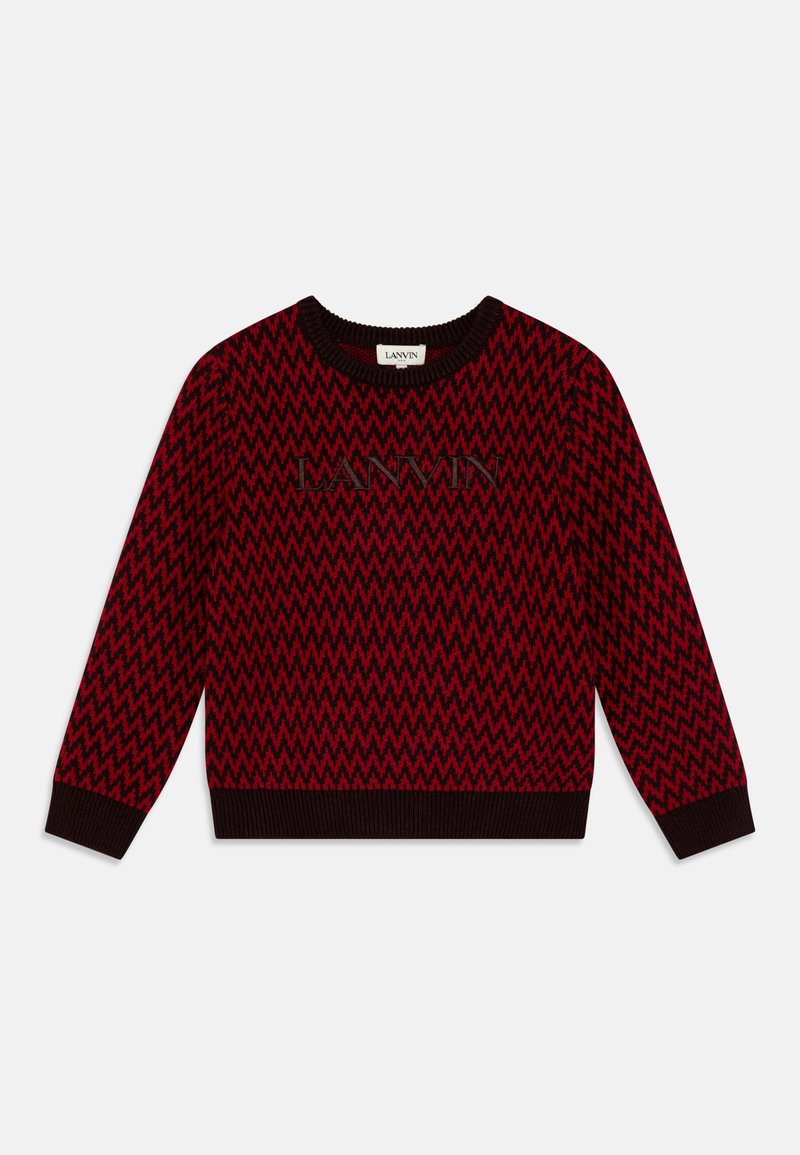 Pulover tricotat cu model zigzag roșu și negru, cu mâneci lungi, gât rotund și tiv și manșete ribbate. Prezentă un logo embosat pe piept.