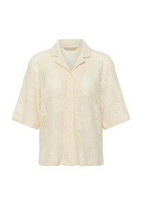 Chemise courte à manches courtes en crochet crème avec boutons, col cranté et motifs en dentelle géométriques.