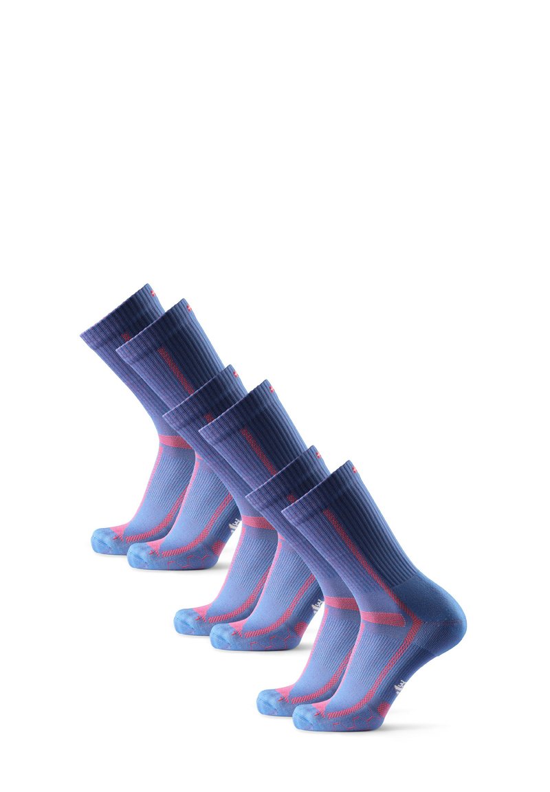 Sechs Paare kniehoher Socken in Blau mit gerippter Struktur, die pinke Akzente und ein verstärktes Zehen- und Fersen-Design für Langlebigkeit aufweisen.