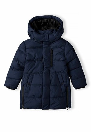 Manteau d'hiver matelassé bleu marine avec capuche, fermeture éclair frontale, deux poches latérales à boutons-pression et doublure intérieure noire.
