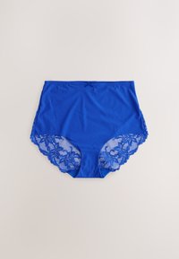 Bright blue high-waist women's underwear with floral lace detailing on the leg openings and a small bow at the center waistband.