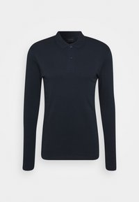 Marinblå långärmad polo skjorta i mjukt tyg, med krage, treknappsstängning och en slim fit-design.