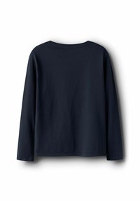 T-shirt à manches longues marine en coton. Présente une encolure arrondie, une coupe décontractée et des ourlets cousus sans motifs ni ornements.