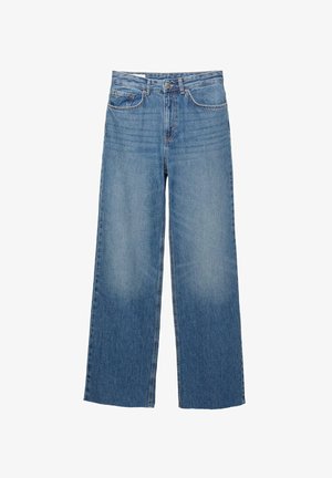 Hellblaue Denim-Jeans im weiten Schnitt mit hoher Taille, zwei vorderen Taschen und sanften Ausbleichungen an den Oberschenkeln, ausgestattet mit einem normalen Knopf- und Reißverschluss.