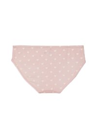 Rosa Baumwollunterwäsche mit einem wiederholten Herzmuster in Creme, mit glattem Stoff und Spitzenbesatz entlang der Beinausschnitte.