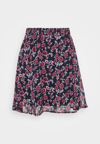 Blommig kjol med en marinblå bakgrund och röda och vita blommor. Tillverkad av lättviktigt material, den har en bekväm elastisk midja.