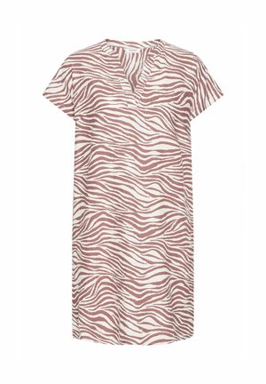 Kratké rukávy šaty v krémovej farbe s ružovým zebrovým pruhom, s voľným výstrihom do V a ľahkým, textúrovaným materiálom.