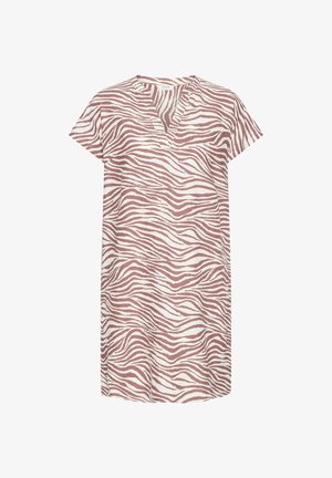Sukienka krótko rękawowa w kolorze kremowym z różowym wzorem w zebry, z dekoltem w kształcie litery V i lekkim, teksturowanym materiałem.