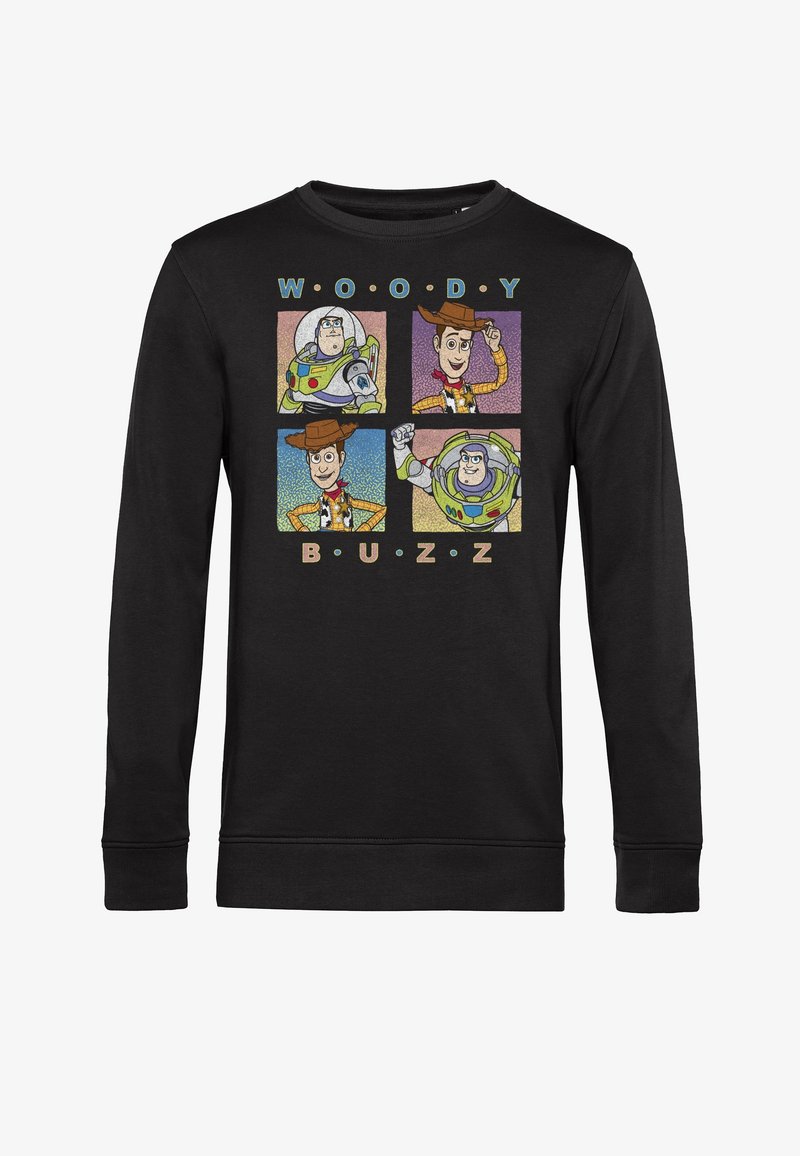 Sweatshirt noir à manches longues présentant quatre vignettes dessinées des personnages Woody et Buzz l'Éclair avec des arrière-plans colorés et des éléments de texte.