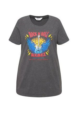 Graues Baumwoll-T-Shirt mit kurzen Ärmeln und rundem Halsausschnitt; verfügt über eine farbenfrohe Grafik einer Gitarre und den Text: "ROCK N ROLL REBEL."
