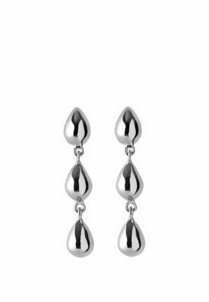 Silver-tone drop earrings with three linked teardrop-shaped segments, reflecting light on a plain white background.