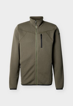 Olivgrüne Fleecejacke mit Reißverschluss, gesteppter Textur, Stehkragen sowie Reißverschlusstaschen an Brust und Seiten, entworfen für den Outdoor-Einsatz.