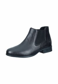 Schwarze Leder-Ankle-Boots mit elastischen Seitenpaneelen, runder Zehenpartie und niedrigem gestapeltem Absatz. Glatte Textur mit subtiler Logo-Akzentuierung.