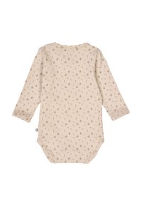 Long-sleeve baby bodysuit in soft beige cotton, featuring a floral pattern in pink and brown, with snap closure at the bottom for easy dressing.