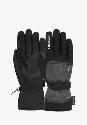 Schwarze isolierte Handschuhe mit Lederhandflächen und grauen Textilrücken, verstellbaren Handgelenkriemen und einem GORE-TEX-Label für wasserdichten Schutz.