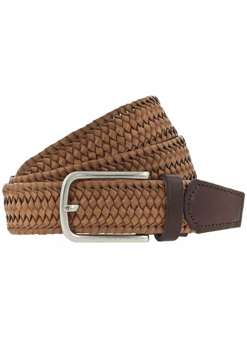 Geflochtener brauner Leder-Gürtel mit einer silbernen rechteckigen Schnalle, die eine glatte Lederlasche und ein strukturiertes geflochtenes Muster aufweist.