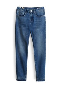 Jeans en denim bleu foncé avec une coupe slim, un design à cinq poches et une fermeture à bouton à la taille. Texture légèrement déchirée sur le tissu.