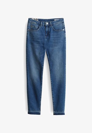 Donkerblauwe denim jeans met een slim fit, vijf zakken en een knoopsluiting in de taille. Lichtjes versleten textuur over de stof.