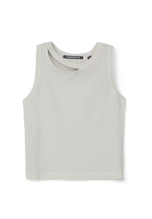 Ärmelloses, hellgraues, geripptes Crop-Top mit kleinem Schlüssellochausschnitt nahe dem runden Ausschnitt und einem Camperlab Markenschild innen.