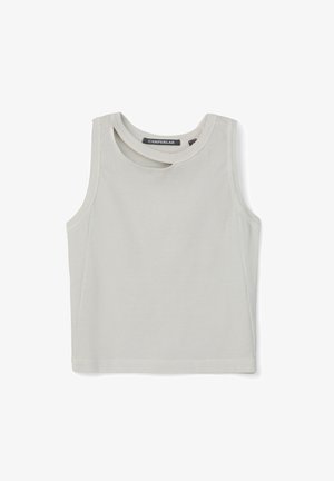Sleeveless light gray ribbed crop top with a small keyhole cutout near the round neckline and a Camperlab brand label inside.