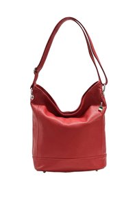 Rode leren hobo tas met een enkele schouderband, gestructureerd oppervlak en een klein accent van de Italiaanse vlag aan de zijkant. Zachte, ronde vorm.