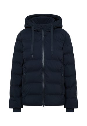 Chaqueta acolchada azul marino con capucha, cremallera completa y cordón ajustable, que cuenta con dos bolsillos laterales y puños elásticos. Textura ligeramente brillante.