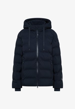 Marineblauer gepolsterter Jacke mit Kapuze, durchgehendem Reißverschluss und Kordelzug, ausgestattet mit zwei seitlichen Taschen und elastischen Bündchen. Leicht glänzende Textur.