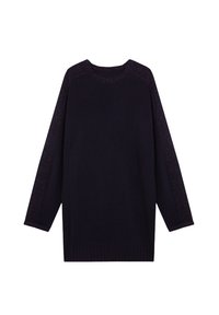 Pull en maille bleu marine foncé à manches longues, avec un accent texturé brillant le long des épaules et un ourlet côtelé.